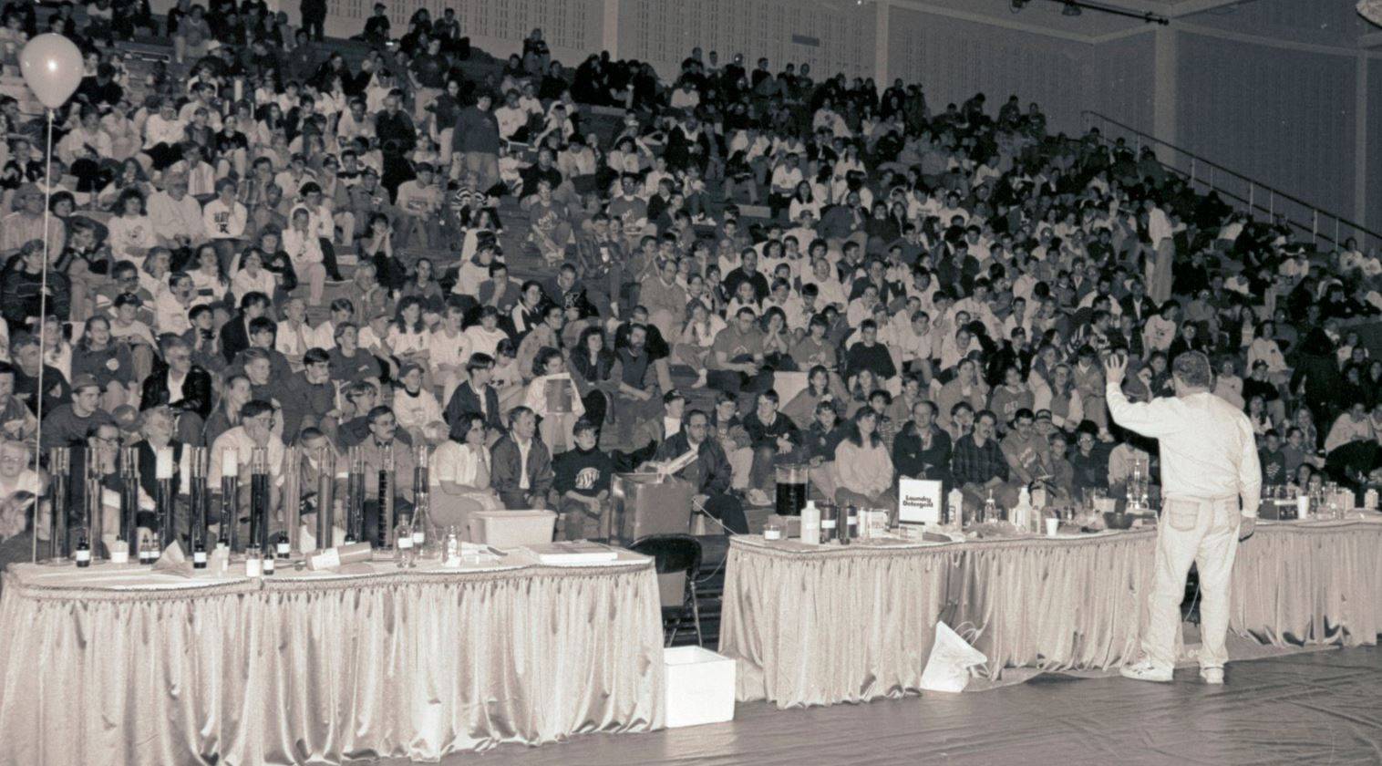 Vintage Science Olympiad crowd on bleachers